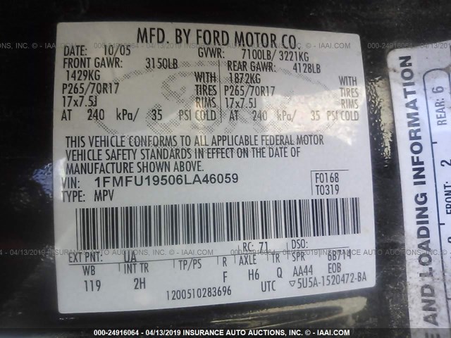 1FMFU19506LA46059 - 2006 FORD EXPEDITION LIMITED BLACK photo 9