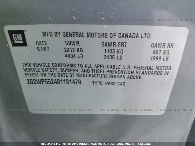 2G2WP552481131479 - 2008 PONTIAC GRAND PRIX 灰色 照片 9