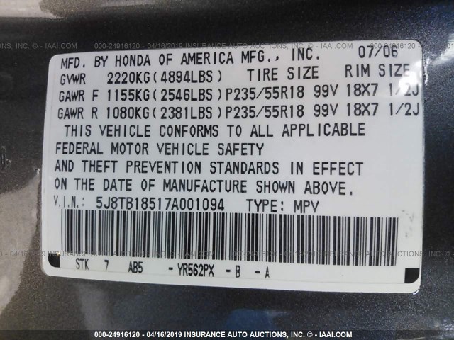 5J8TB18517A001094 - 2007 ACURA RDX TECHNOLOGY GRAY photo 9