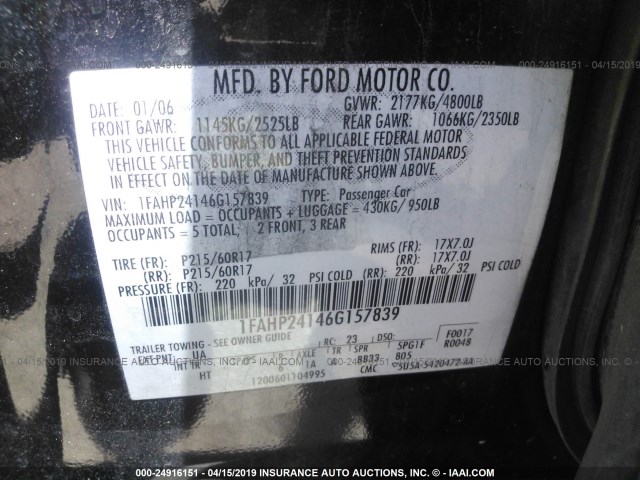 1FAHP24146G157839 - 2006 FORD FIVE HUNDRED SEL BLACK photo 9