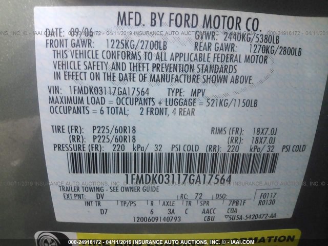 1FMDK03117GA17564 - 2007 FORD FREESTYLE LIMITED GREEN photo 9