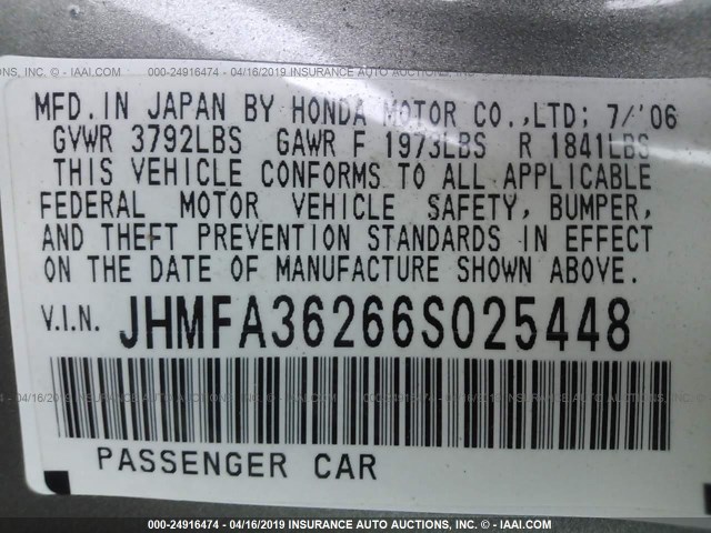 JHMFA36266S025448 - 2006 HONDA CIVIC HYBRID GRAY photo 9