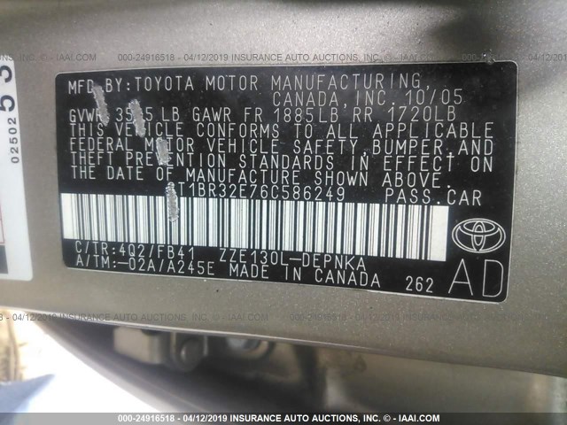 2T1BR32E76C586249 - 2006 TOYOTA COROLLA CE/LE/S GOLD photo 9