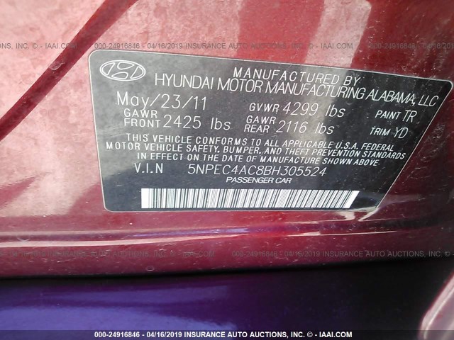 5NPEC4AC8BH305524 - 2011 HYUNDAI SONATA SE/LIMITED RED photo 9