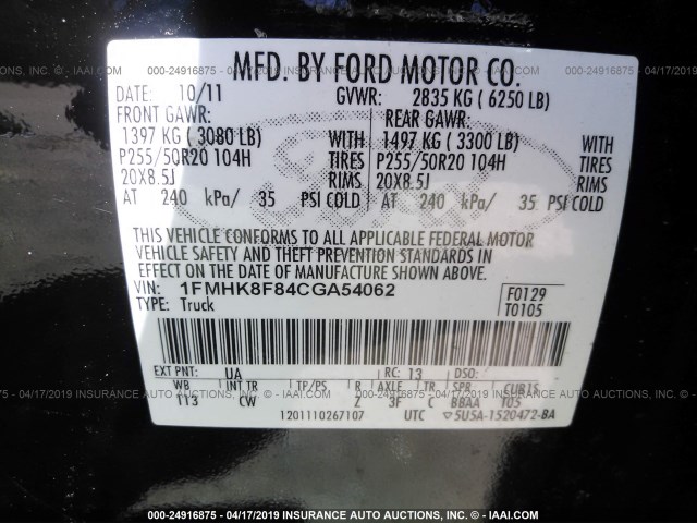 1FMHK8F84CGA54062 - 2012 FORD EXPLORER LIMITED BLACK photo 9