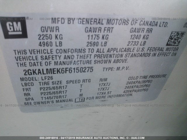 2GKALMEK6F6150275 - 2015 GMC TERRAIN SLE TAN photo 9