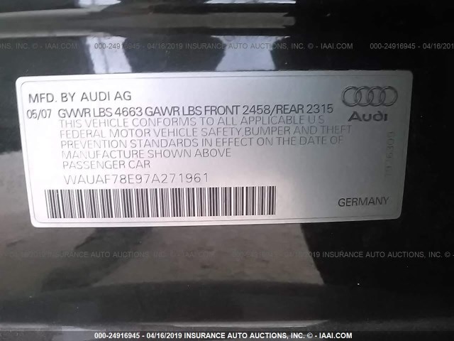 WAUAF78E97A271961 - 2007 AUDI A4 2/TURBO BLACK photo 9