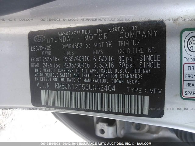 KM8JN12D56U352404 - 2006 HYUNDAI TUCSON GLS/LIMITED 银色 照片 9