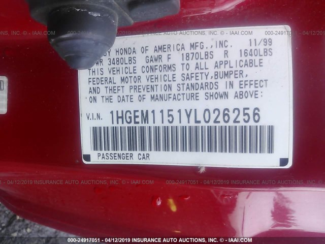 1HGEM1151YL026256 - 2000 HONDA CIVIC SI/SIR RED photo 9