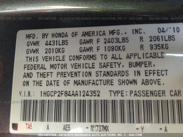 1HGCP2F84AA124352 - 2010 HONDA ACCORD EXL GRAY photo 9