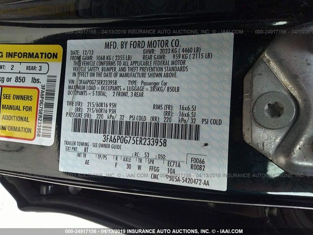 3FA6P0G75ER233958 - 2014 FORD FUSION S Black photo 9