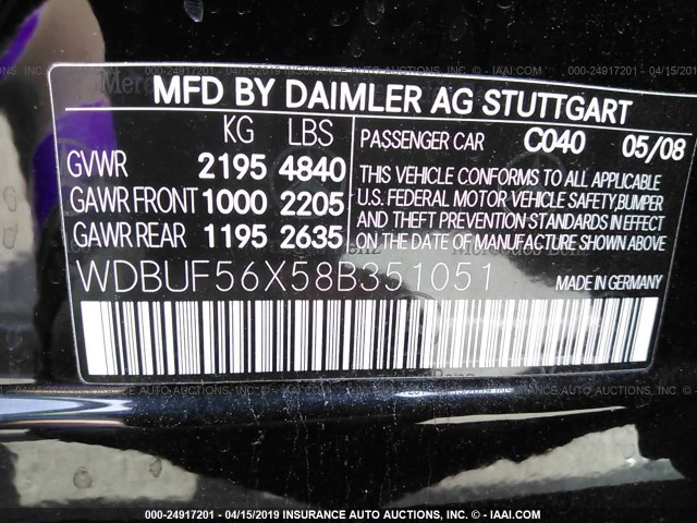 WDBUF56X58B351051 - 2008 MERCEDES-BENZ E 350 BLACK photo 9