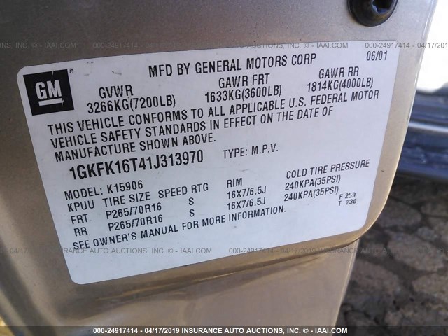 1GKFK16T41J313970 - 2001 GMC YUKON XL K1500 TAN photo 9