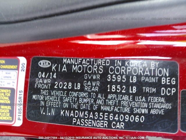 KNADM5A35E6409060 - 2014 KIA RIO LX RED photo 9