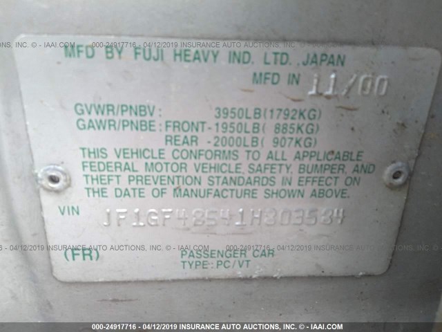 JF1GF48541H803584 - 2001 SUBARU IMPREZA OUTBACK SPORT SILVER photo 9