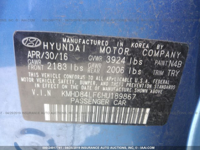 KMHD84LF6HU189867 - 2017 HYUNDAI ELANTRA SE/VALUE/LIMITED BLUE photo 9