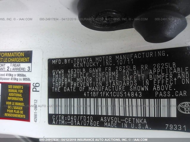 4T1BF1FK1CU514843 - 2012 TOYOTA CAMRY SE/LE/XLE WHITE photo 9