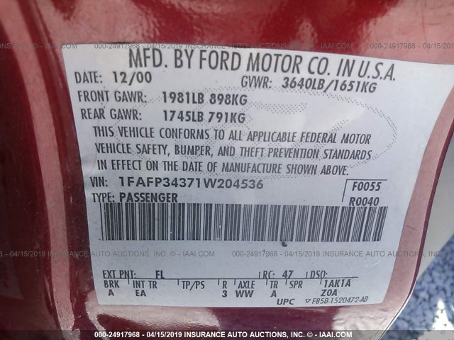1FAFP34371W204536 - 2001 FORD FOCUS RED photo 9