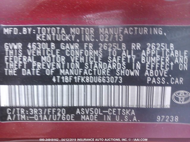 4T1BF1FK8DU663073 - 2013 TOYOTA CAMRY L/SE/LE/XLE 红色 照片 9