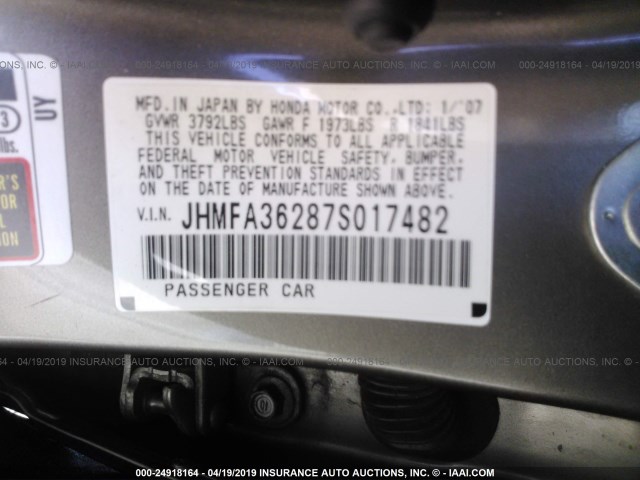 JHMFA36287S017482 - 2007 HONDA CIVIC HYBRID GOLD photo 9