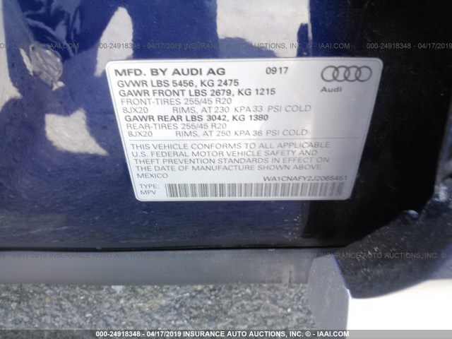 WA1CNAFY2J2065451 - 2018 AUDI Q5 PRESTIGE BLUE photo 9