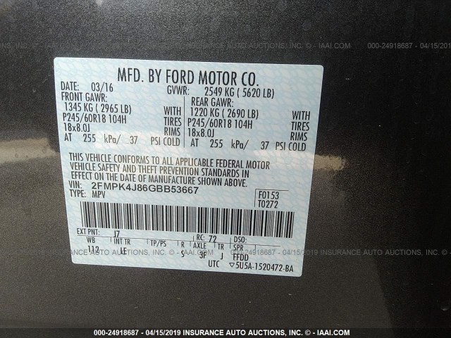 2FMPK4J86GBB53667 - 2016 FORD EDGE SEL GRAY photo 9