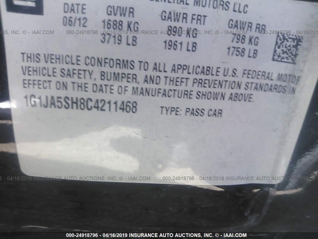 1G1JA5SH8C4211468 - 2012 CHEVROLET SONIC LS BLACK photo 9