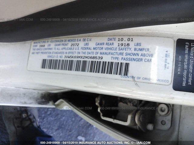 3VWSK69MX2M068539 - 2002 VOLKSWAGEN JETTA GLS WHITE photo 9