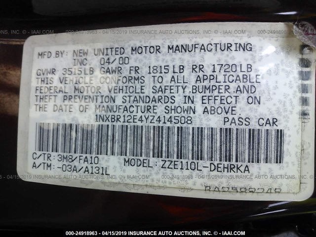 1NXBR12E4YZ414508 - 2000 TOYOTA COROLLA VE/CE/LE RED photo 9