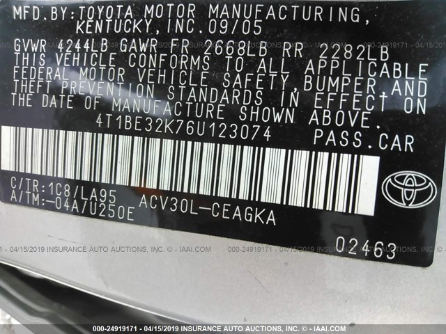 4T1BE32K76U123074 - 2006 TOYOTA CAMRY LE/XLE/SE SILVER photo 9