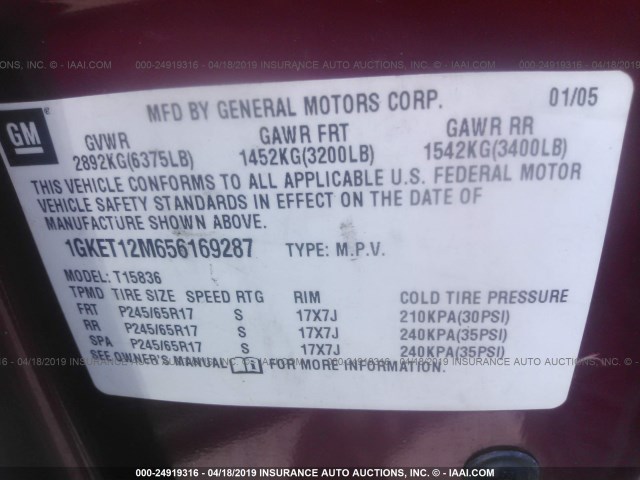 1GKET12M656169287 - 2005 GMC ENVOY XUV RED photo 9