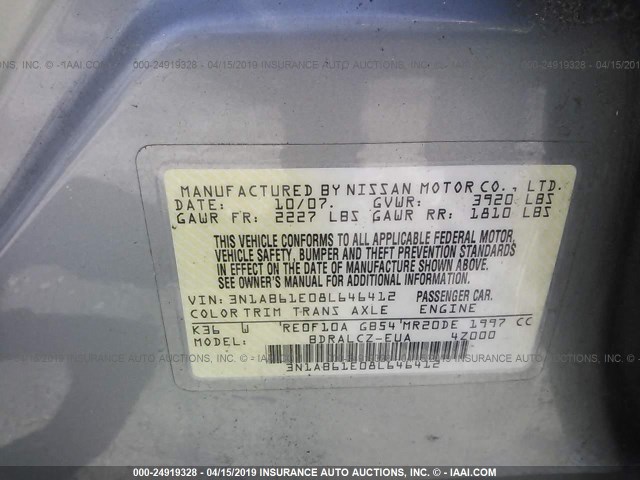 3N1AB61E08L646412 - 2008 NISSAN SENTRA 2.0/2.0S/2.0SL GRAY photo 9