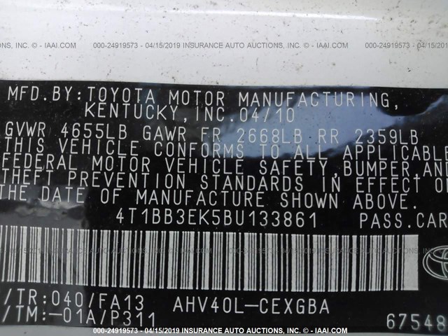 4T1BB3EK5BU133861 - 2011 TOYOTA CAMRY HYBRID WHITE photo 9