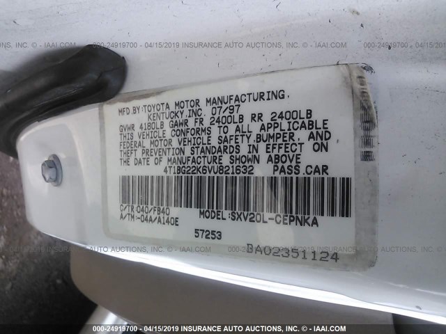 4T1BG22K6VU821632 - 1997 TOYOTA CAMRY CE/LE/XLE 白色 照片 9