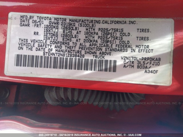 5TEHN72N81Z838428 - 2001 TOYOTA TACOMA DOUBLE CAB 红色 照片 9