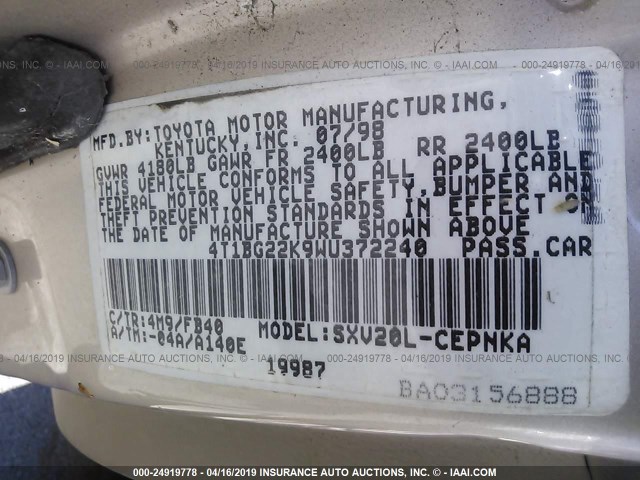 4T1BG22K9WU372240 - 1998 TOYOTA CAMRY CE/LE/XLE 锡色 照片 9