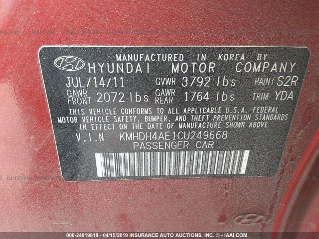 KMHDH4AE1CU249668 - 2012 HYUNDAI ELANTRA GLS/LIMITED RED photo 9