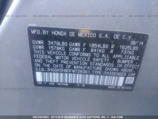 3HGGK5H80FM728361 - 2015 HONDA FIT EX/EXL GRAY photo 9