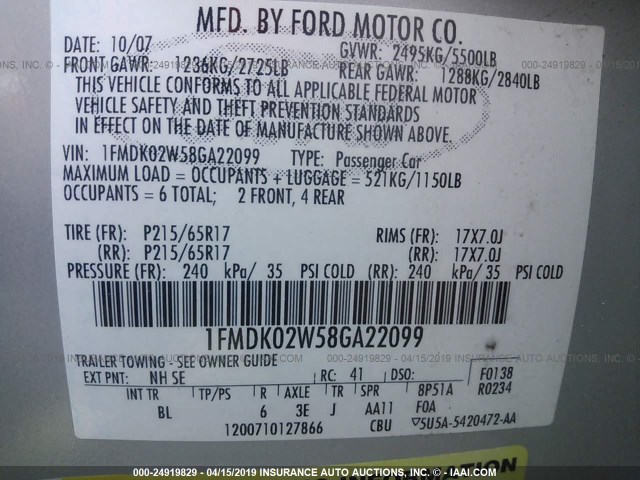 1FMDK02W58GA22099 - 2008 FORD TAURUS X SEL SILVER photo 9