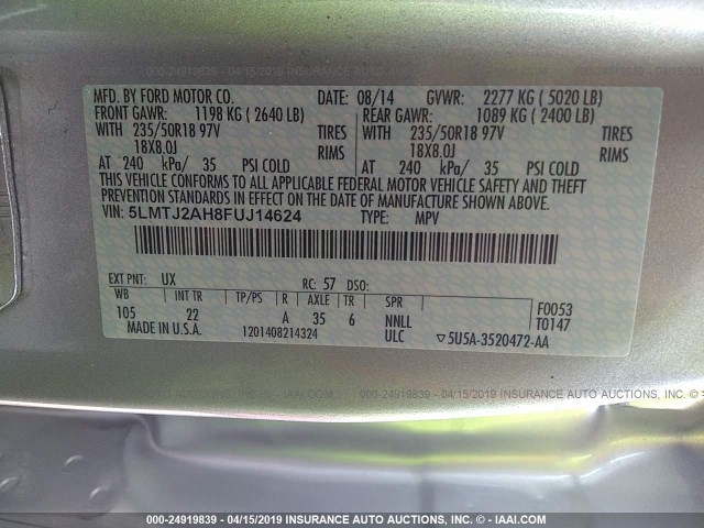 5LMTJ2AH8FUJ14624 - 2015 LINCOLN MKC SILVER photo 9