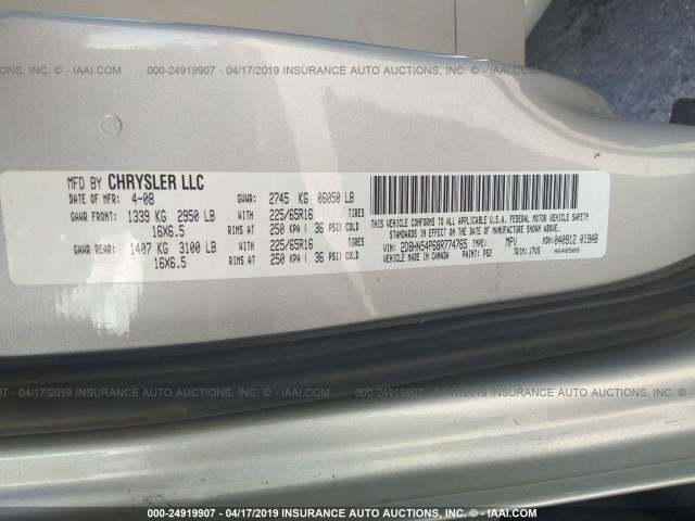 2D8HN54P68R774765 - 2008 DODGE GRAND CARAVAN SXT GRAY photo 9