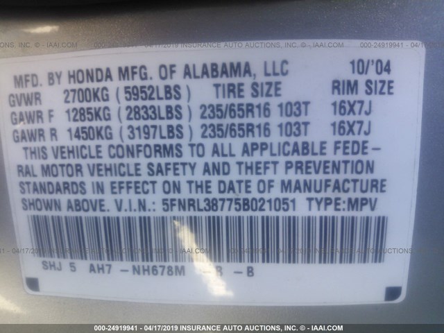 5FNRL38775B021051 - 2005 HONDA ODYSSEY EXL SILVER photo 9