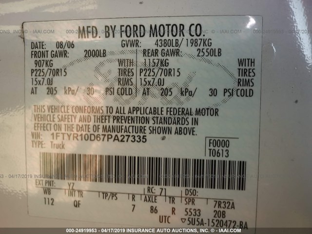 1FTYR10D67PA27335 - 2007 FORD RANGER WHITE photo 9