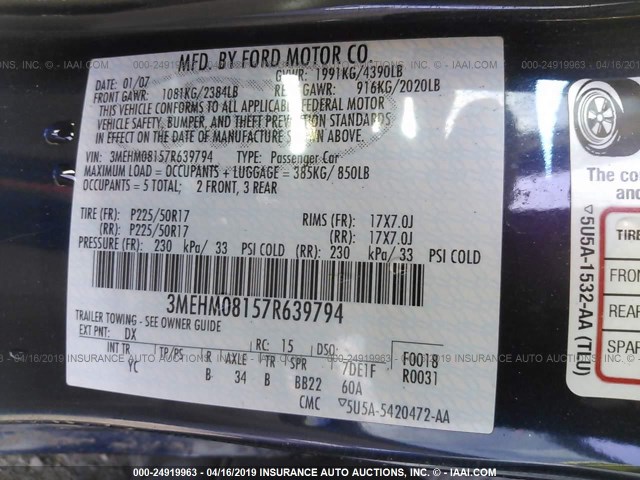 3MEHM08157R639794 - 2007 MERCURY MILAN PREMIER BLUE photo 9