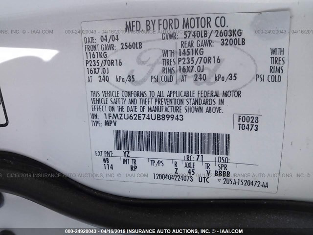 1FMZU62E74UB89943 - 2004 FORD EXPLORER XLS/XLS SPORT WHITE photo 9