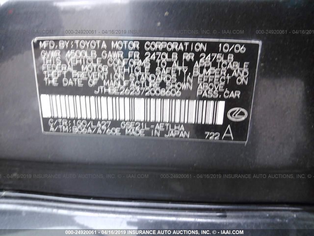 JTHBE262372008606 - 2007 LEXUS IS 350 GRAY photo 9