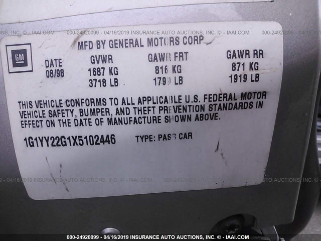 1G1YY22G1X5102446 - 1999 CHEVROLET CORVETTE 灰色 照片 9