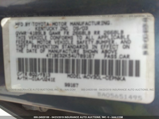 4T1BE32K54U789167 - 2004 TOYOTA CAMRY LE/XLE/SE BLUE photo 9