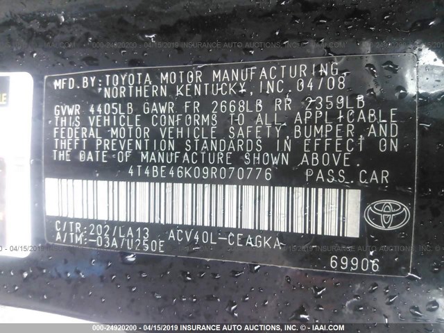 4T4BE46K09R070776 - 2009 TOYOTA CAMRY SE/LE/XLE BLACK photo 9