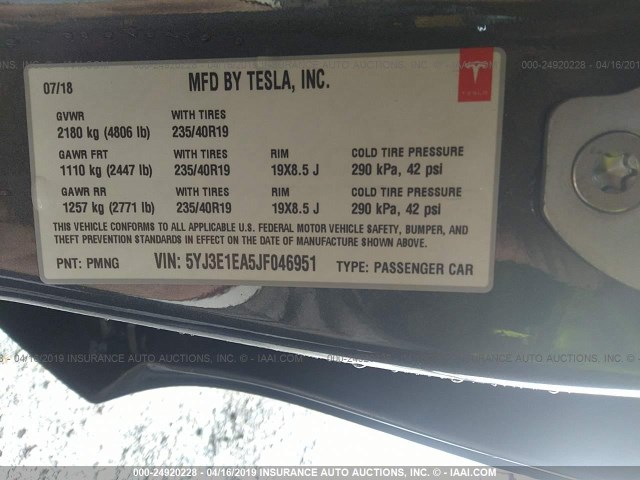 5YJ3E1EA5JF046951 - 2018 TESLA MODEL 3 GRAY photo 9